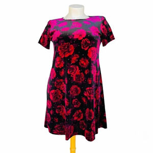 JOHN ROBERTS Women’s Petite Size 16 Black Rose Floral Velvet Short Sleeve Dress